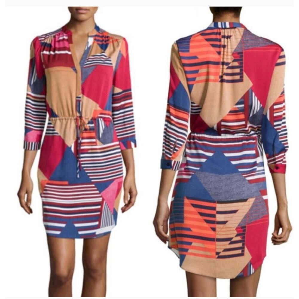 Diane Von Furstenberg Freya Silk Shirt Dress Multicolor Geo Colorblock 0 XS